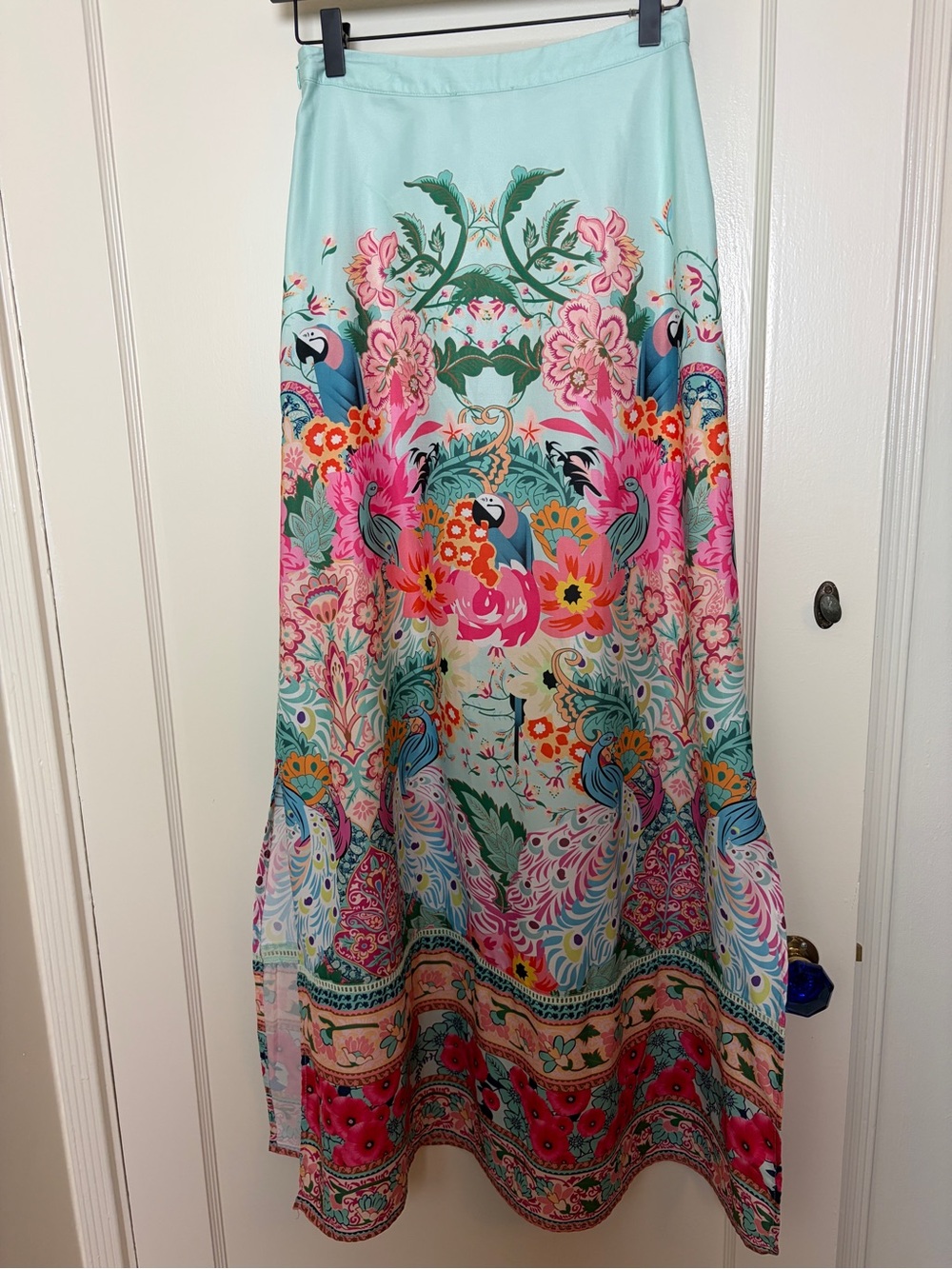 L’Atiste by Amy tropical peacock and parrot maxi skirt with long side slits
